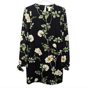 H&M Black Floral Print Long Sleeve Shift Dress Woman Size 2